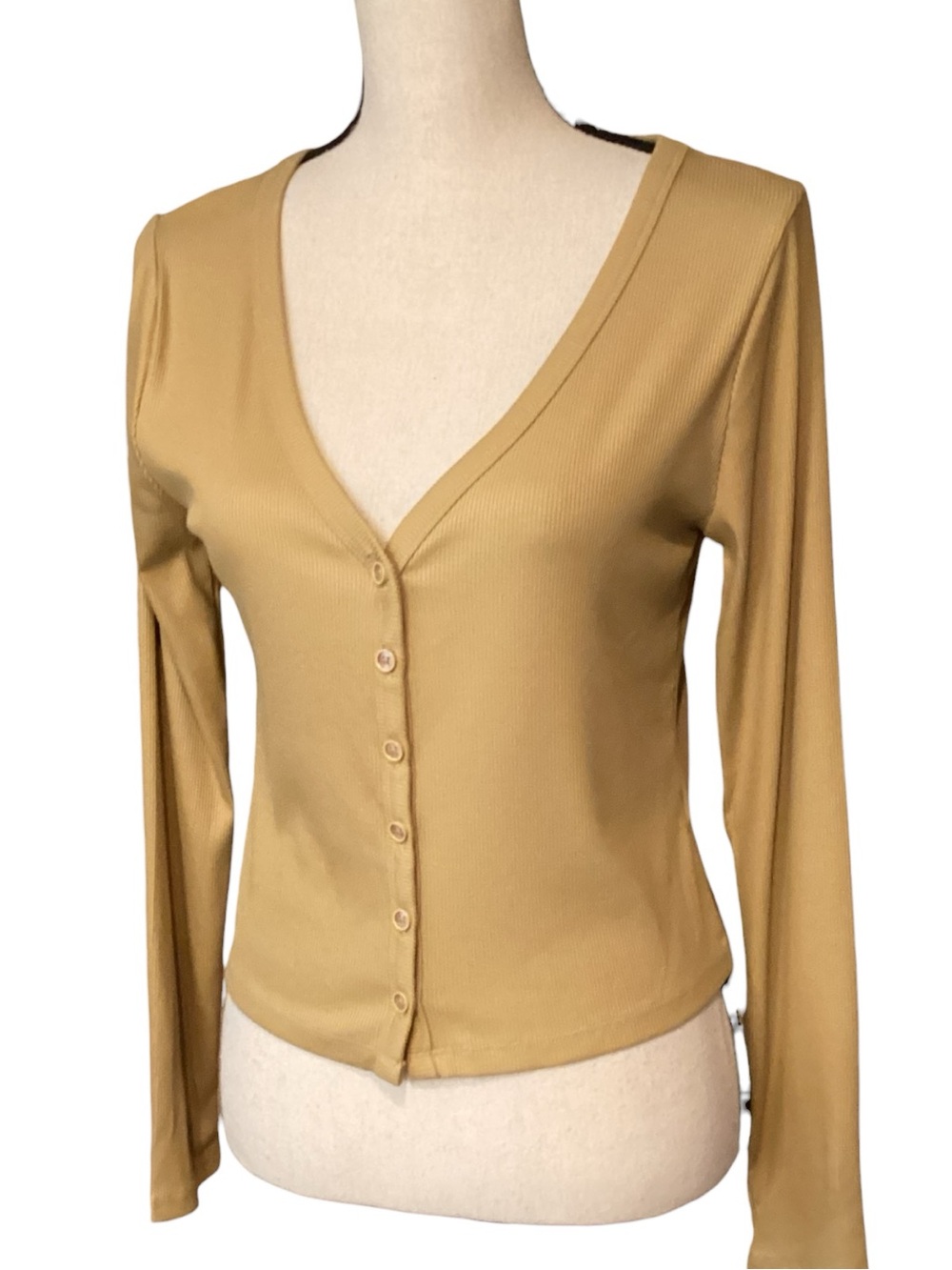 A New Day Ribbed Button Front V Neck Henley Top Camel Long Sleeve Small NWT